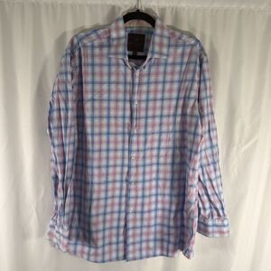 Tattersall Dress Shirt Men's 16.5 Blue Pink Plaid Long Sleeve Button Up Collared